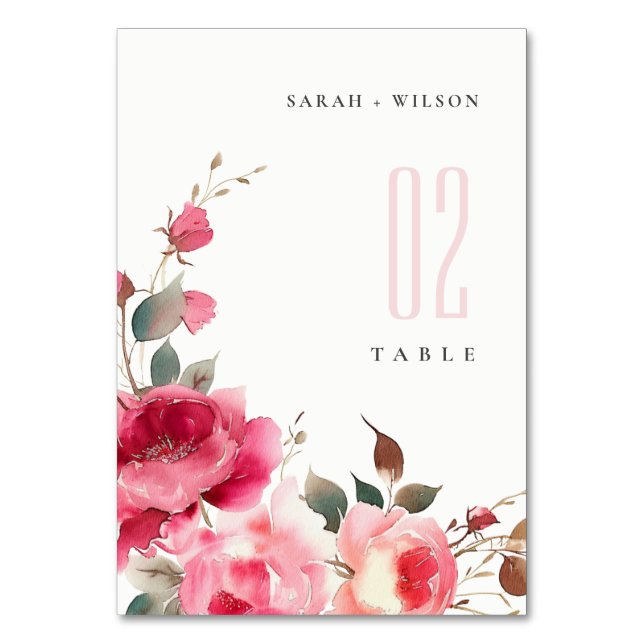 Boho Red Pink Rose Flowers Watercolor Wedding Table Number (Front)