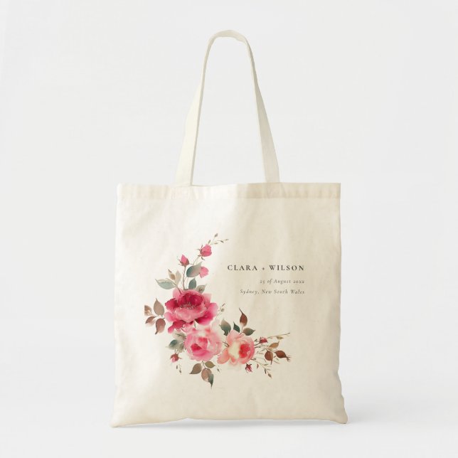 Boho Red Pink Rose Flowers Watercolor Wedding Tote Bag (Front)
