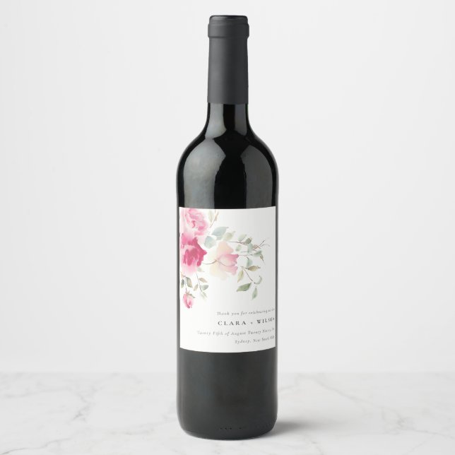 Boho Red Pink Rose Flowers Watercolor Wedding Wine Label (Front)