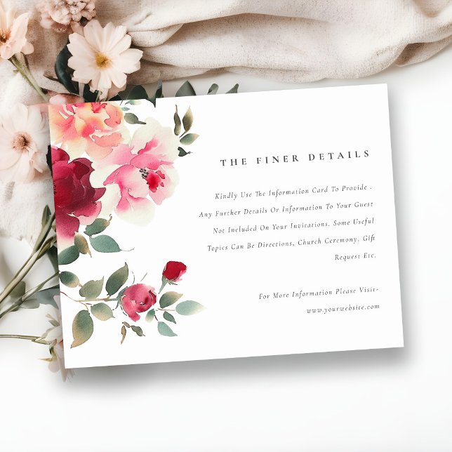 Boho Red Pink Rose Flowers Wedding Details Enclosure Card (Creator Uploaded)