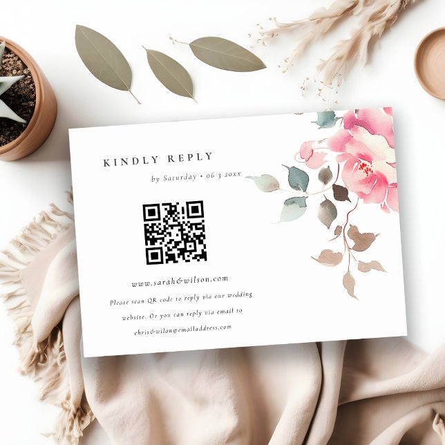 Boho Red Pink Rose Flowers Wedding QR Code RSVP Enclosure Card (Creator Uploaded)
