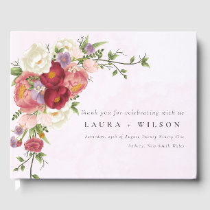 Boho Red Pink white Rose Flowers Wedding Guest Book