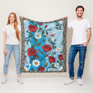 Boho Red Roses Daisies Lace Butterflies Blue Fleece Blanket