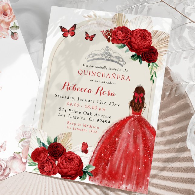 Boho Red Roses Princess Royal Quinceañera Invitation (Creator Uploaded)