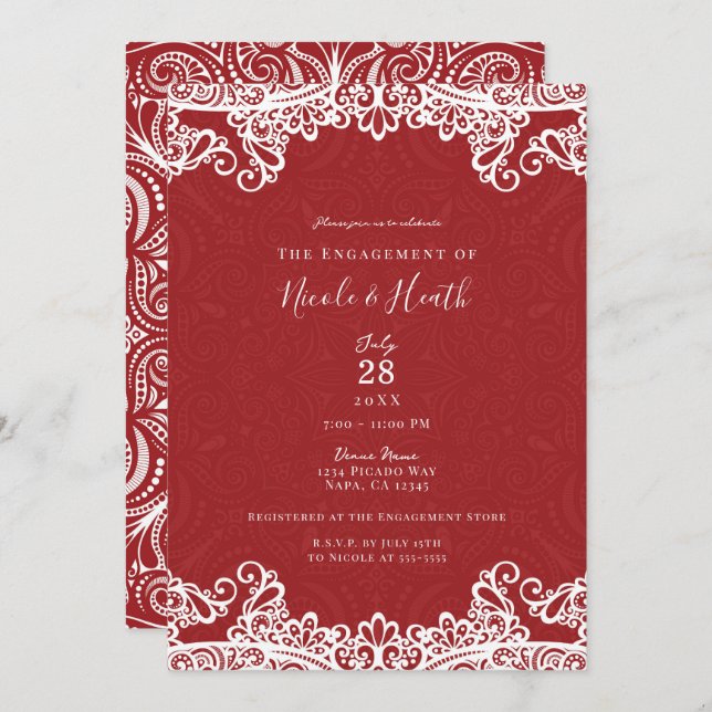 Boho Red & White Lace Bold Pattern Engagement  Invitation (Front/Back)