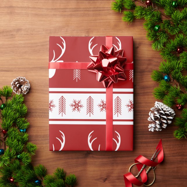 Boho Red White Reindeer Snowflake Christmas Wrapping Paper (Holiday Gift)