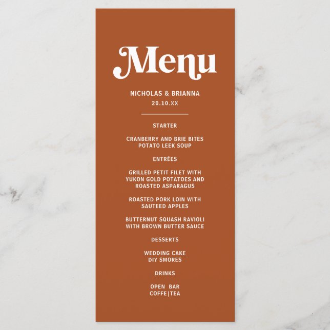 Boho Retro 70s Terracotta Wedding Menu (Front)