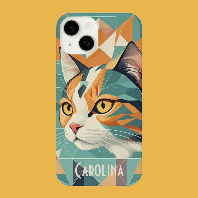 Boho retro abstract cat portrait orange green iPhone case (Beautiful boho style cat.)