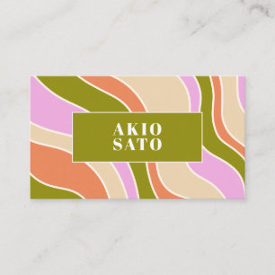 Boho Retro Abstract Wavy Lines Pink Green  Business Card