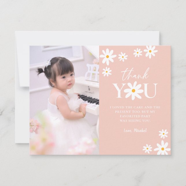 Boho Retro Blush Daisy Floral Girl Birthday Photo Thank You Card (Front)