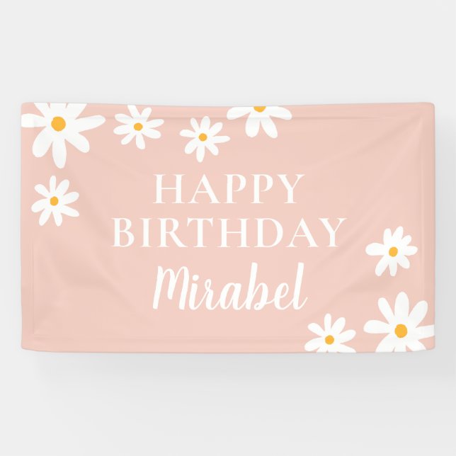 Boho Retro Blush Pink Daisy Floral Happy Birthday Banner (Horizontal)