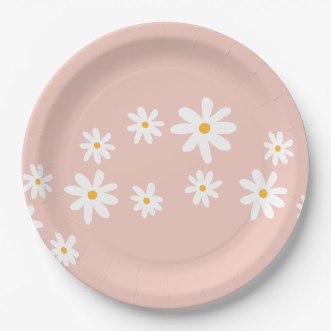 Boho Retro Blush Pink Daisy Floral Paper Plate (Front)