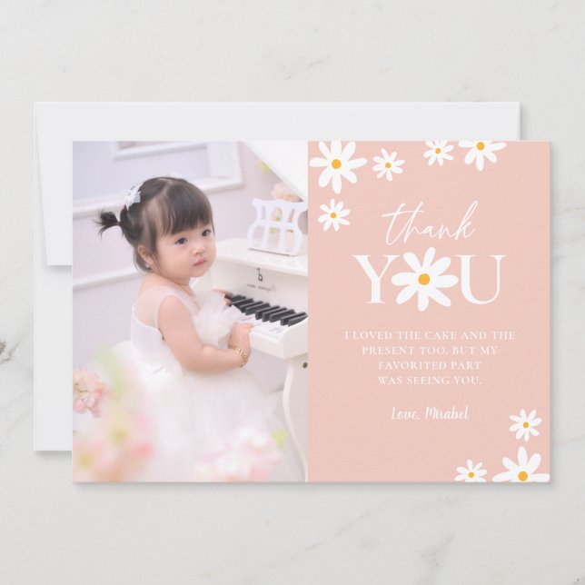 Boho Retro Blush Pink Daisy Girl Birthday Photo Thank You Card (Front)