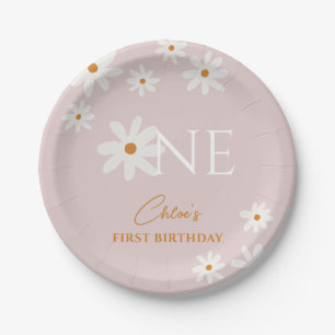 Boho Retro Blush Pink Daisy Girl First Birthday Paper Plate