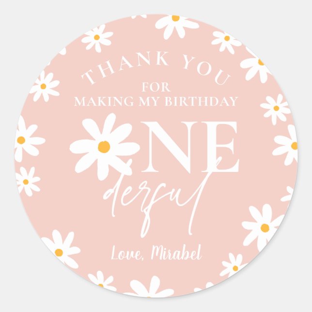 Boho Retro Blush Pink Daisy Wild One 1st Birthday Classic Round Sticker (Front)