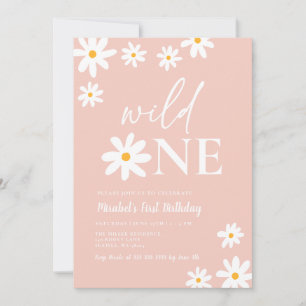 Boho Retro Blush Pink Daisy Wild One 1st Birthday Invitation