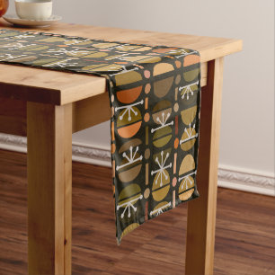 Boho Retro Bowls Lines Dark Earth Tones Short Table Runner