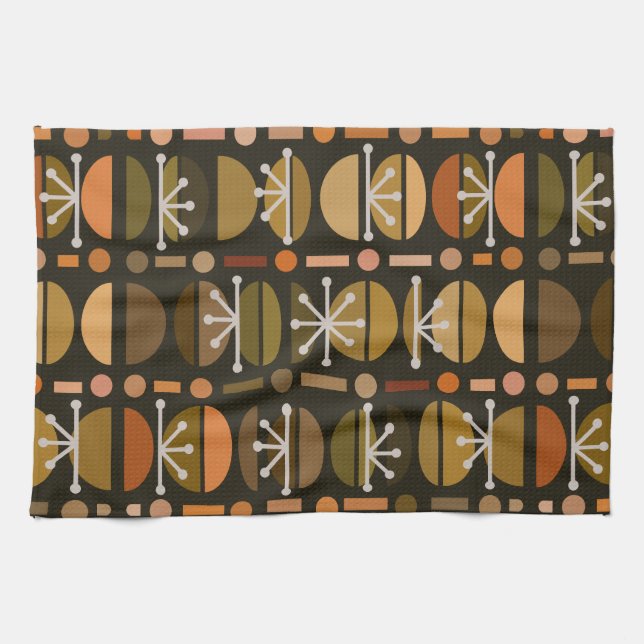 Boho Retro Bowls Lines Dark Earth Tones Tea Towel (Horizontal)