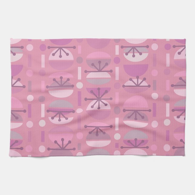 Boho Retro Bowls Lines Pink Tea Towel (Horizontal)