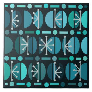 Boho Retro Bowls Lines Teal Tile