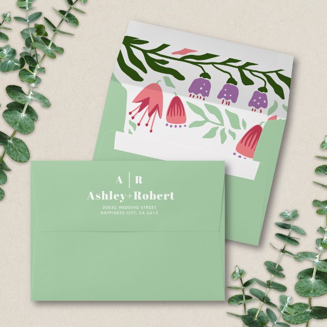 Boho retro branches and flowers mint green wedding envelope (Creator Uploaded)