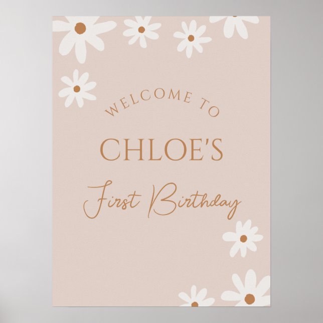 Boho Retro Brown Daisy Birthday Welcome Poster (Front)