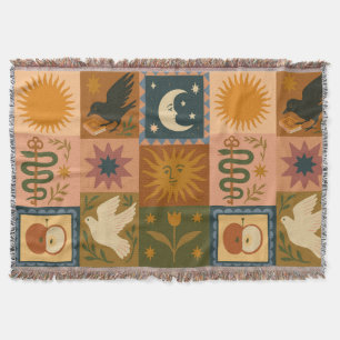 Boho Retro Celestial Sun Moon Throw Blanket