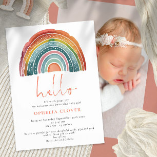 Boho Retro Coloured Rainbow Hello Photo Birth Announcement