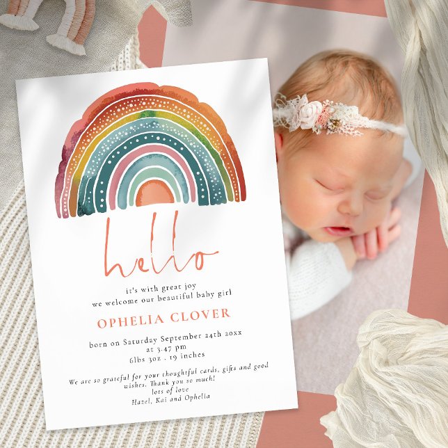 Boho Retro Coloured Rainbow Hello Photo Birth Announcement (Creator Uploaded)