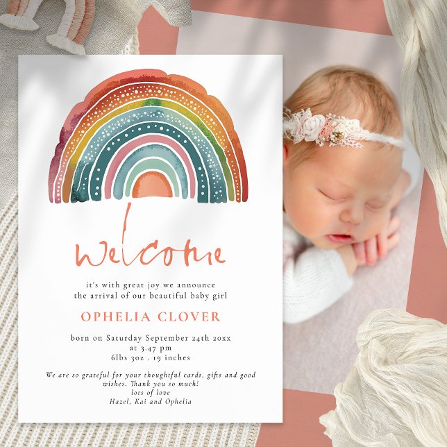 Boho Retro Coloured Rainbow Welcome Photo Birth Announcement (Creator Uploaded)