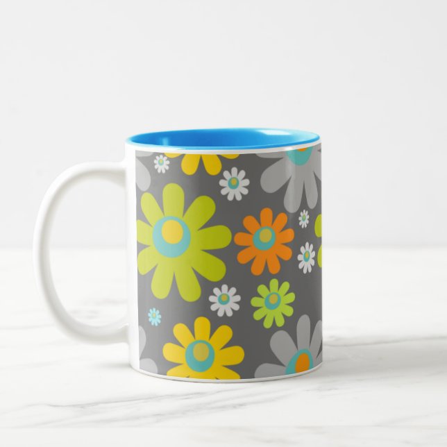 Boho Retro Daisies on Grey Two-Tone Coffee Mug (Left)