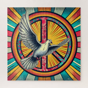 Boho Retro Dove and Peace Sign Jigsaw Puzzle
