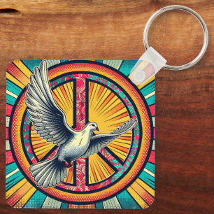 Boho Retro Dove and Peace Sign Key Ring