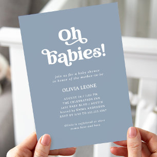 Boho Retro Dusty Blue Twins Baby Shower Invitation