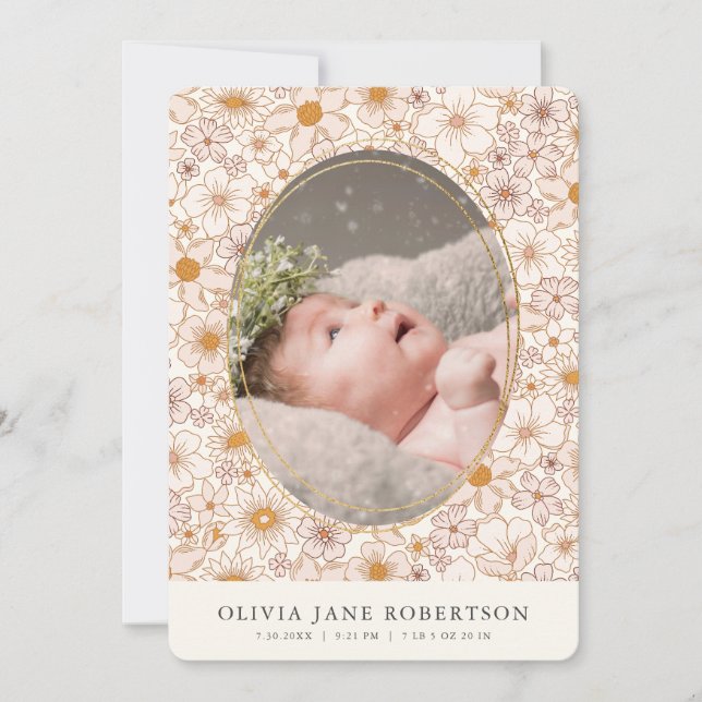 Boho Retro Floral Girl Photo Birth Announcement (Front)