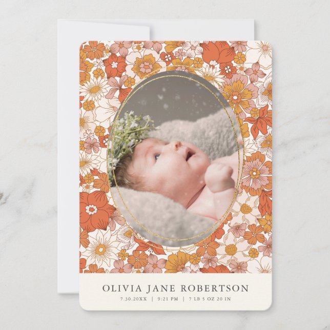 Boho Retro Floral Girl Photo Birth Announcement (Front)