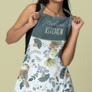 Boho Retro Flower And Birds Pattern Name Apron
