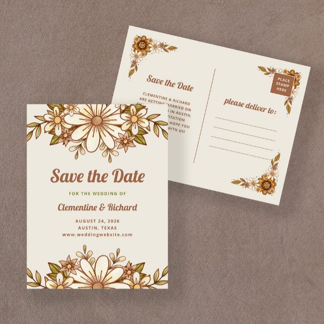 Boho Retro Flowers | Wedding Save the Date Announcement Postcard (A trendy and retro floral save the date)