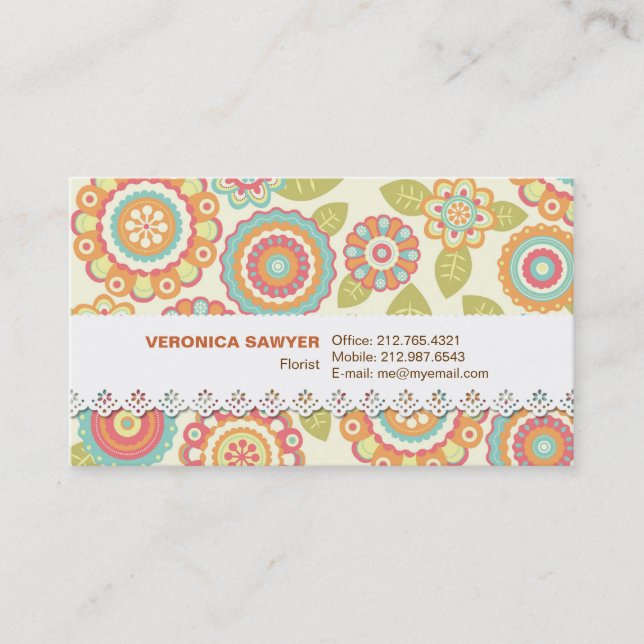 Boho Retro Funky Flowers Floral Pattern (Cream) Business Card (Front)