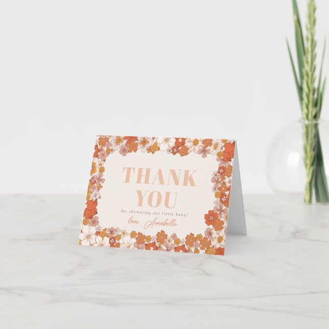 Boho Retro Groovy Floral Baby Shower Thank You Card (Front)