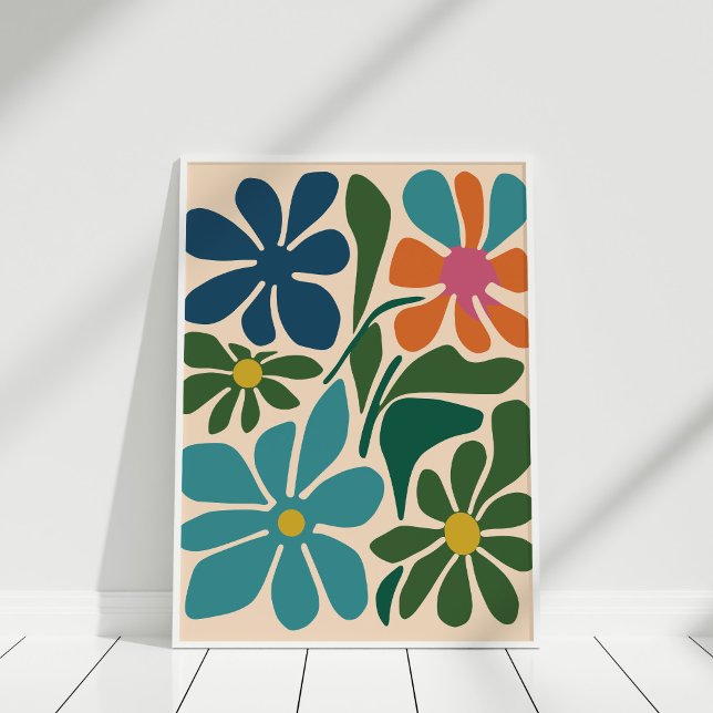 Boho Retro Groovy Flower Market Wall Art (Boho Retro Groovy Flower Market Wall Art in a white frame on the wooden floor.)