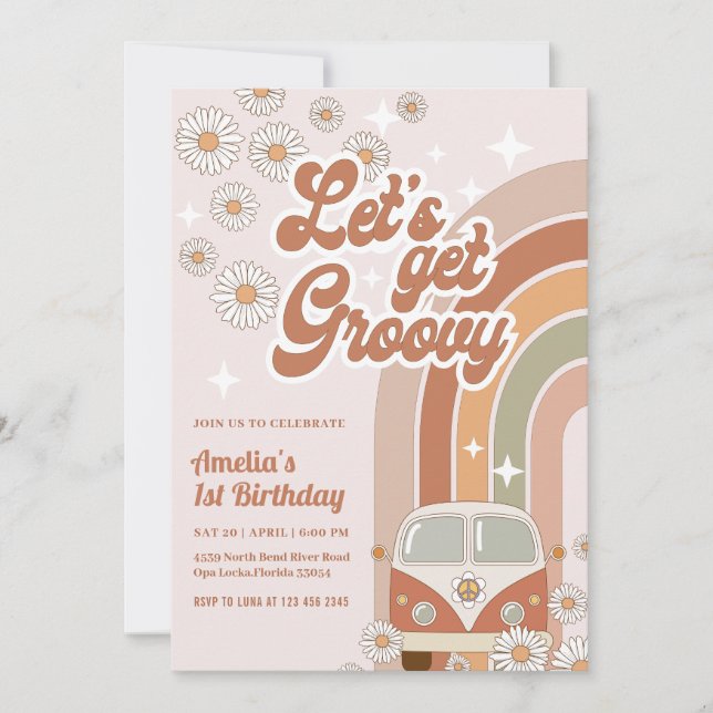 Boho Retro Groovy Hippie Floral 70's Birthday Invitation (Front)
