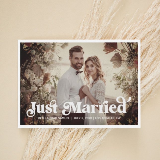 Boho Retro Just Married Photo Announcement Card (Creator Uploaded)