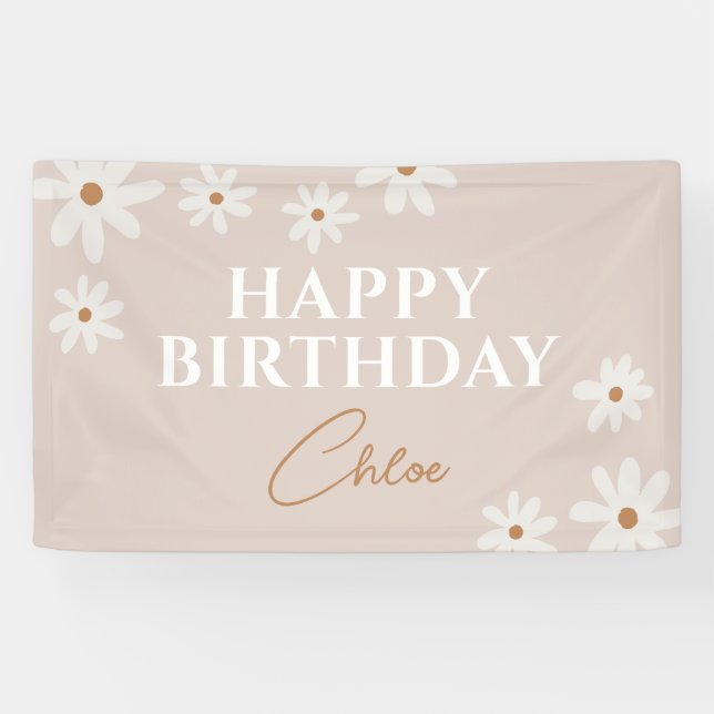 Boho Retro Light Brown Daisy Floral Happy Birthday Banner (Horizontal)