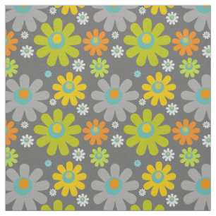 Boho Retro Multicolor Daisies on Grey Fabric