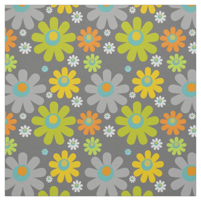Boho Retro Multicolor Daisies on Grey Fabric (Swatch)