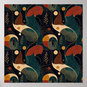 Boho Retro Organic Shapes in Navy Teal Terracotta Poster