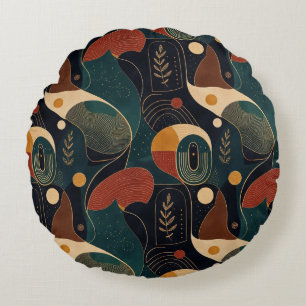 Boho Retro Organic Shapes in Navy Teal Terracotta Round Cushion