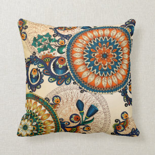 Boho Retro Paisley Circle Abstract Colourful Throw Cushion