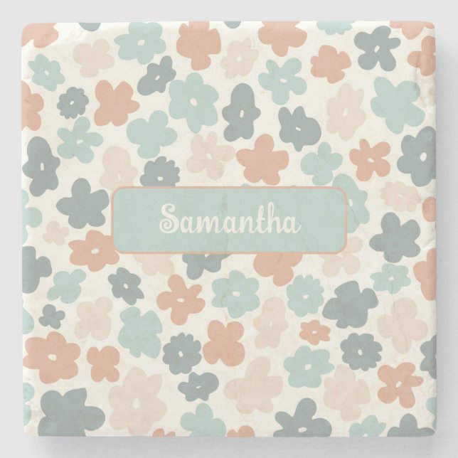 Boho retro pastel flower print stone coaster (Front)
